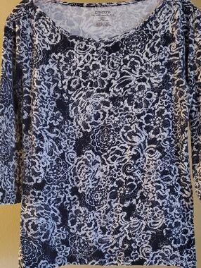 Chico's Navy and White Floral Scoop Neck Long Sleeve Top Sz Med
